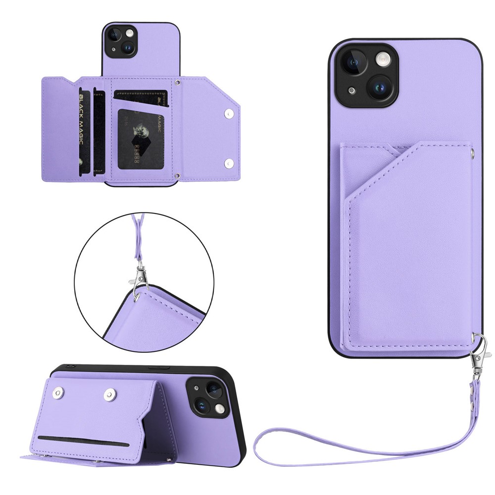 For iPhone 15 Plus Case Card Holder Kickstand Skin-Touch Phone Cover with Wrist Strap - Light Purple