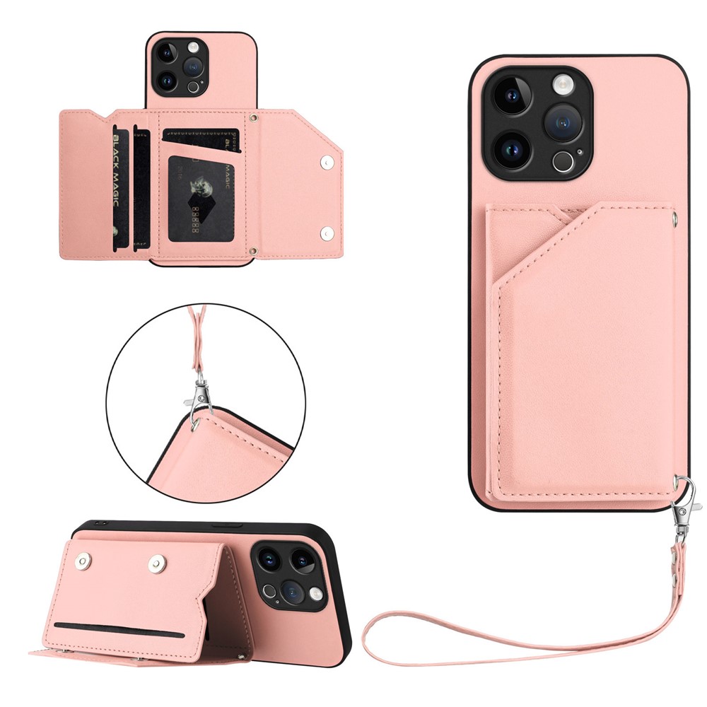 For iPhone 15 Pro Max Case Card Holder Kickstand Skin-Touch Phone Cover with Wrist Strap - Pink