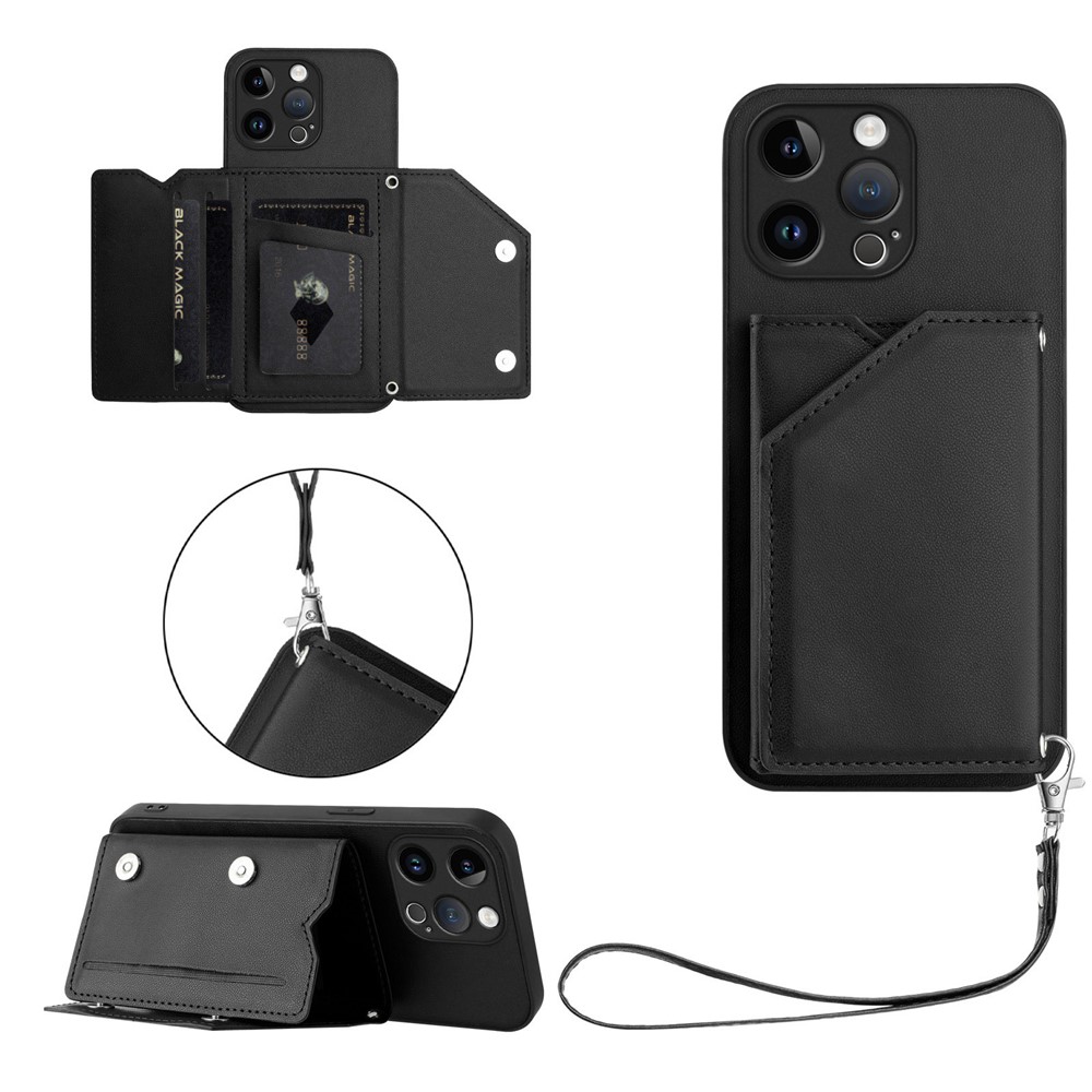 For iPhone 15 Pro Max Case Card Holder Kickstand Skin-Touch Phone Cover with Wrist Strap - Black