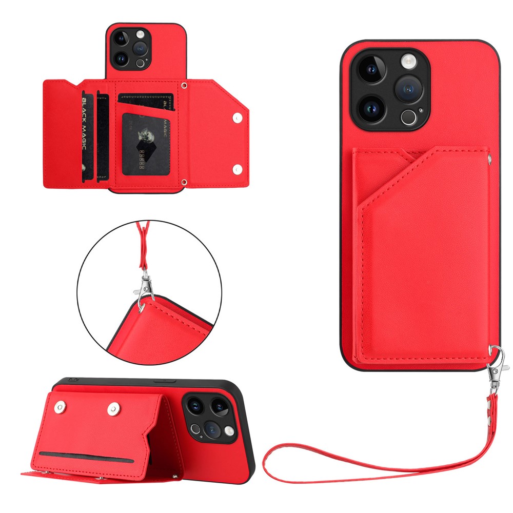 For iPhone 15 Pro Max Case Card Holder Kickstand Skin-Touch Phone Cover with Wrist Strap - Red