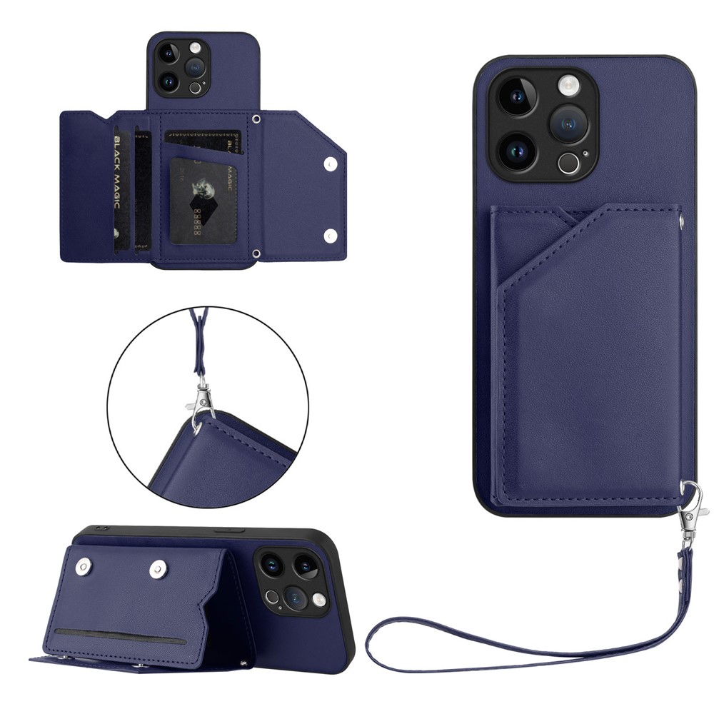 For iPhone 15 Pro Max Case Card Holder Kickstand Skin-Touch Phone Cover with Wrist Strap - Blue