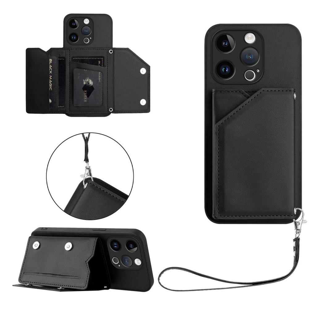 For iPhone 15 Pro Case Card Holder Kickstand Skin-Touch Phone Cover with Wrist Strap - Black
