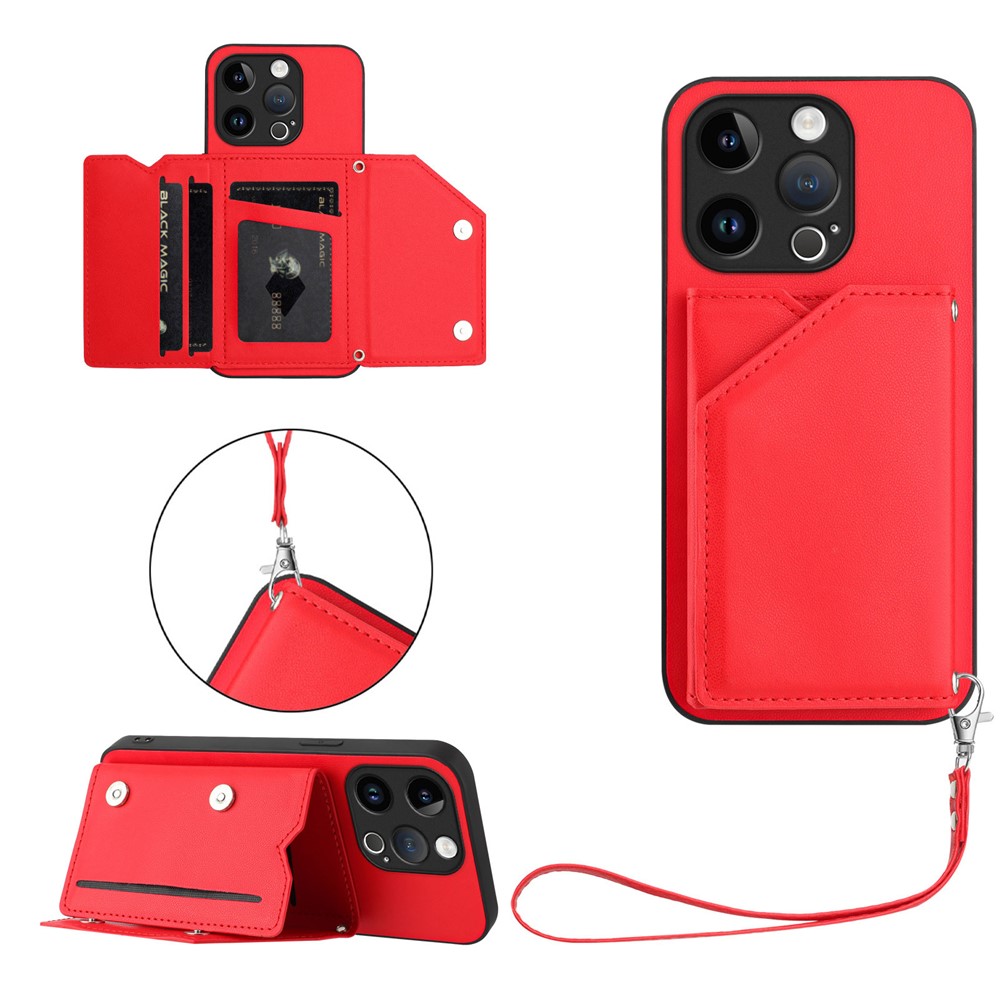 For iPhone 15 Pro Case Card Holder Kickstand Skin-Touch Phone Cover with Wrist Strap - Red
