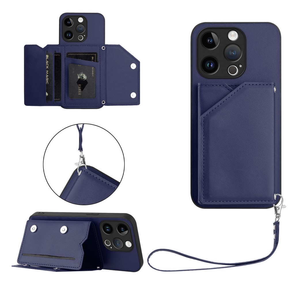 For iPhone 15 Pro Case Card Holder Kickstand Skin-Touch Phone Cover with Wrist Strap - Blue