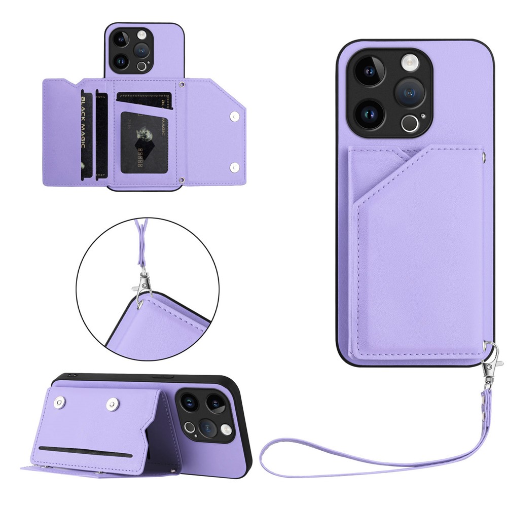 For iPhone 15 Pro Case Card Holder Kickstand Skin-Touch Phone Cover with Wrist Strap - Light Purple