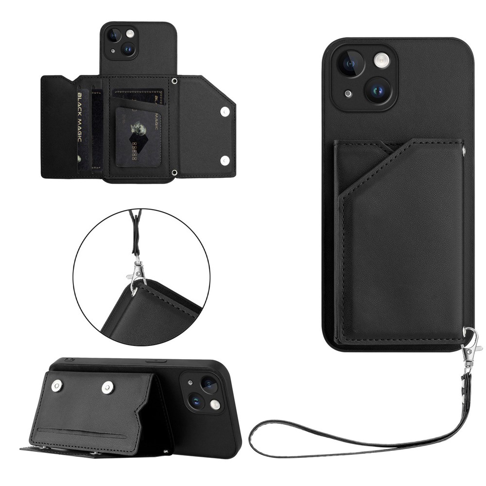 For iPhone 15 Case Card Holder Kickstand Skin-Touch Phone Cover with Wrist Strap - Black