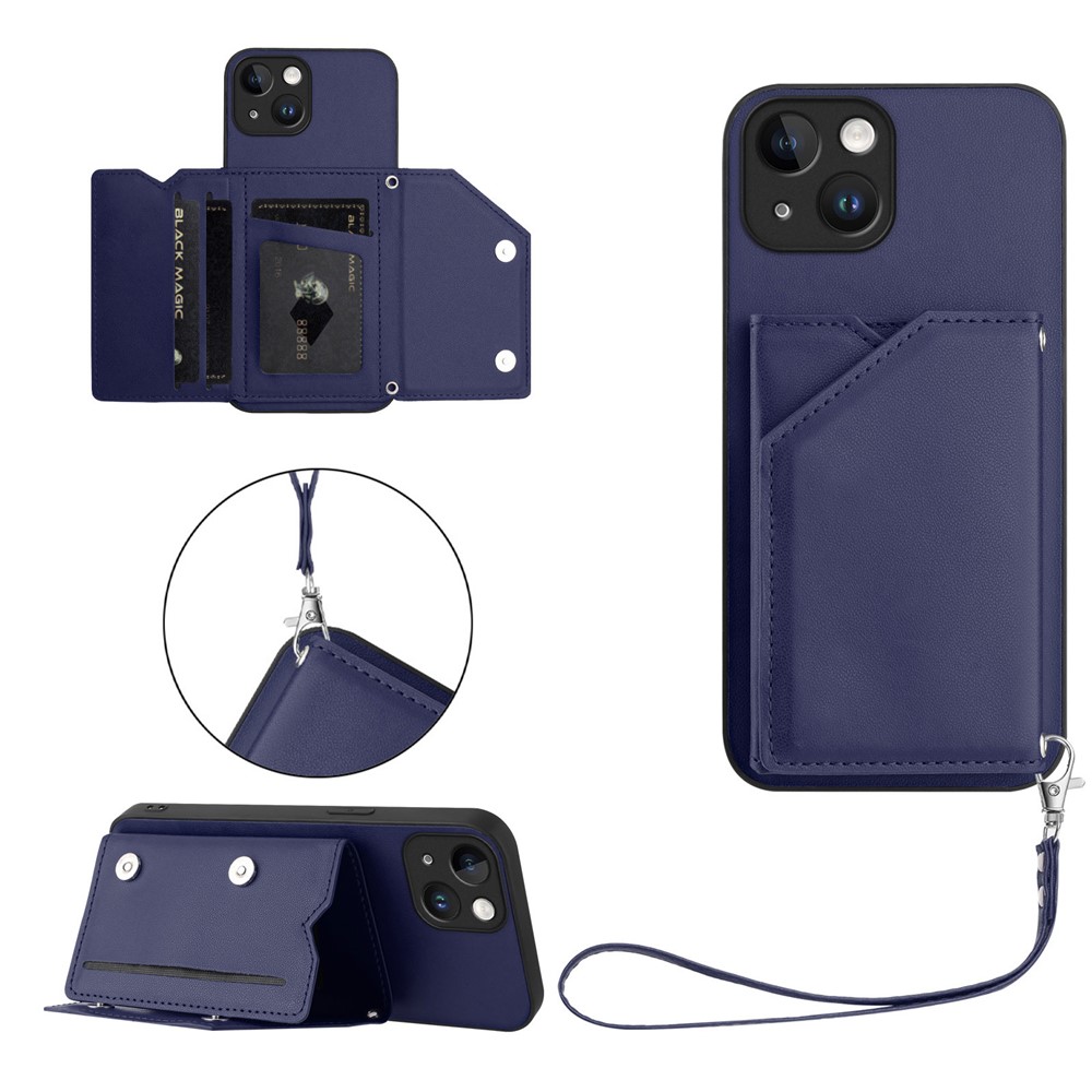 For iPhone 15 Case Card Holder Kickstand Skin-Touch Phone Cover with Wrist Strap - Blue