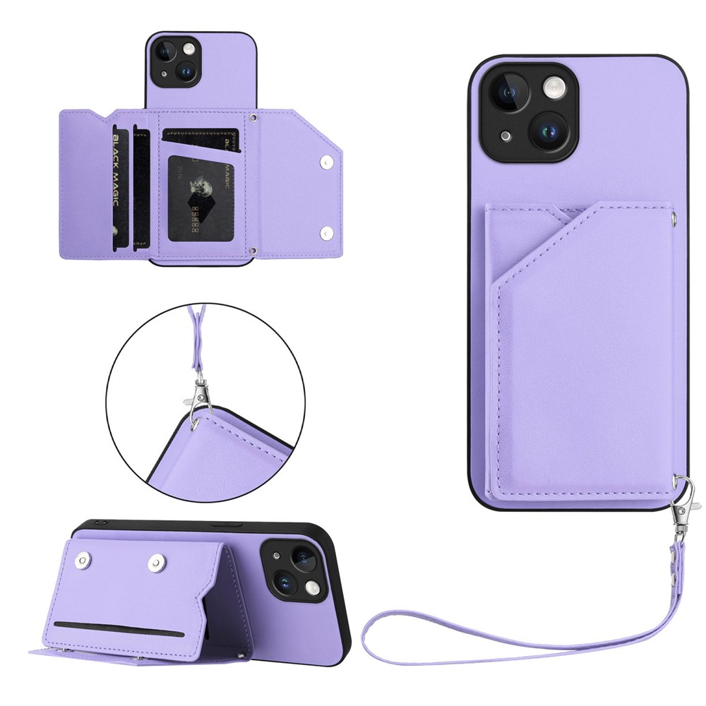 For iPhone 15 Case Card Holder Kickstand Skin-Touch Phone Cover with Wrist Strap - Light Purple