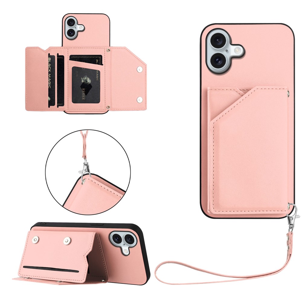 For iPhone 16 Plus Case Card Holder Kickstand Skin-Touch Phone Cover with Wrist Strap - Pink