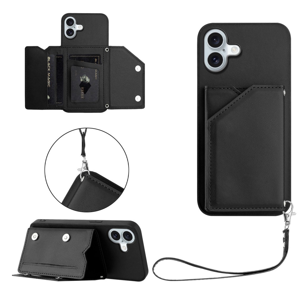 For iPhone 16 Plus Case Card Holder Kickstand Skin-Touch Phone Cover with Wrist Strap - Black