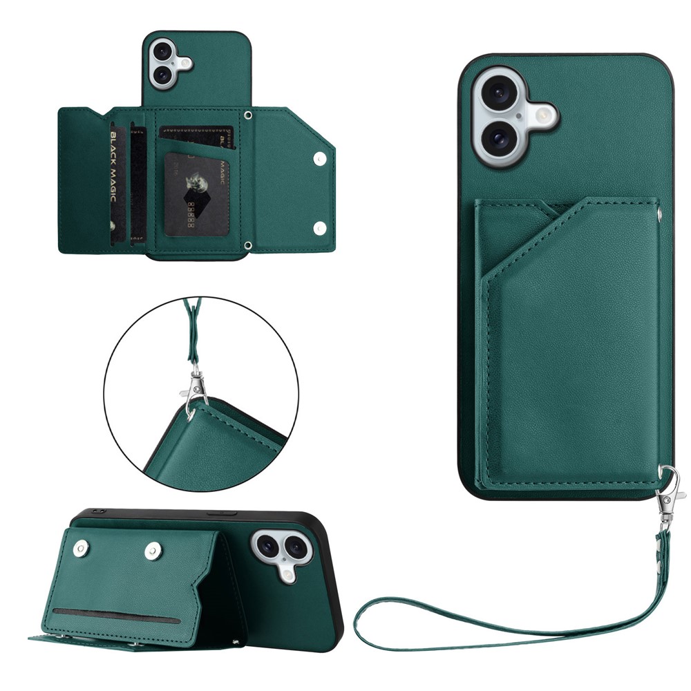 For iPhone 16 Plus Case Card Holder Kickstand Skin-Touch Phone Cover with Wrist Strap - Green
