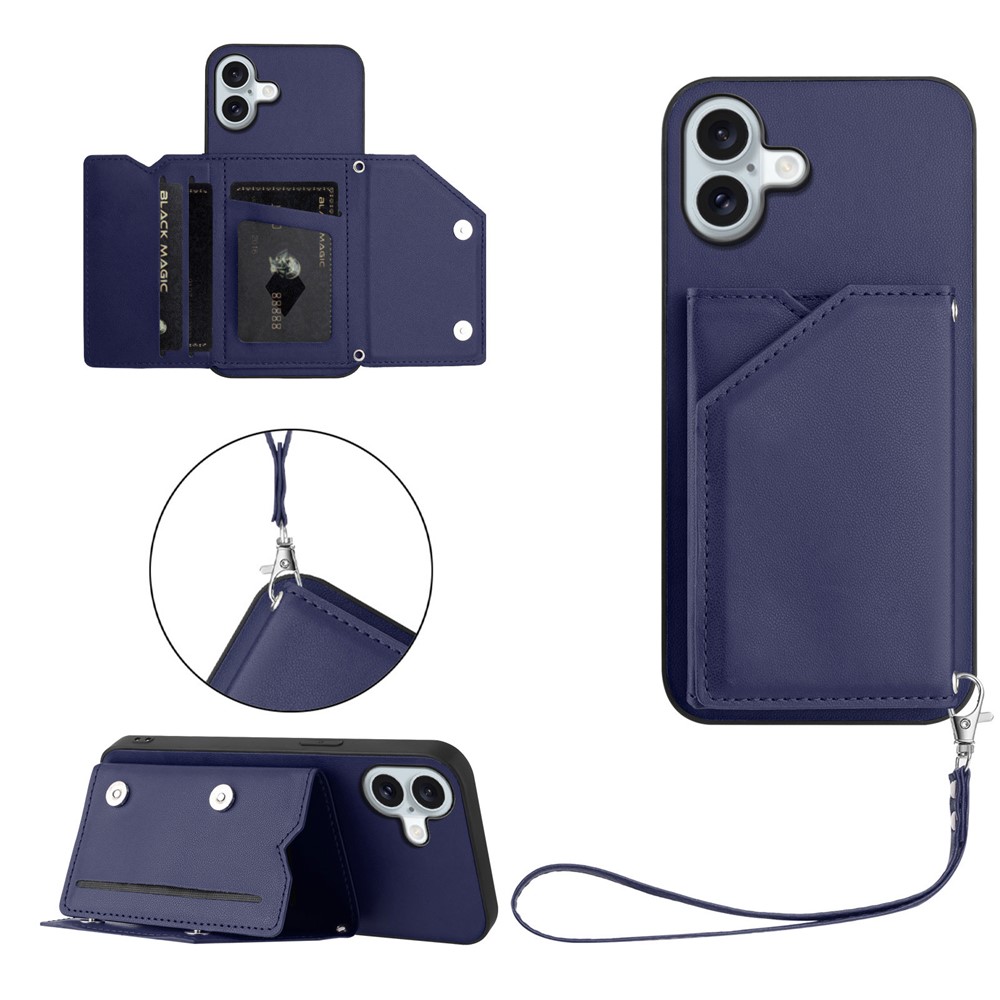 For iPhone 16 Plus Case Card Holder Kickstand Skin-Touch Phone Cover with Wrist Strap - Blue