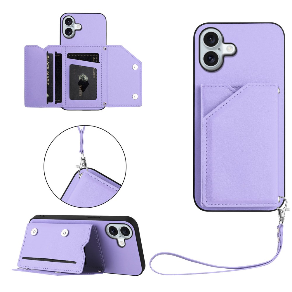 For iPhone 16 Plus Case Card Holder Kickstand Skin-Touch Phone Cover with Wrist Strap - Light Purple