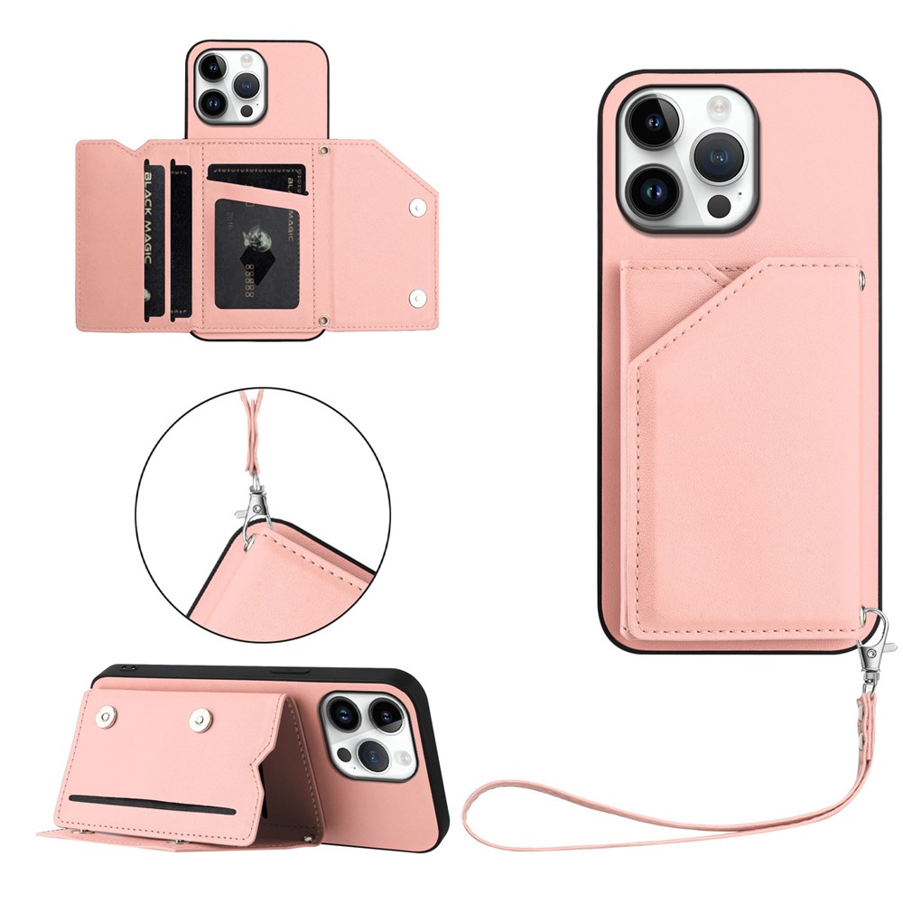 For iPhone 16 Pro Max Case Card Holder Kickstand Skin-Touch Phone Cover with Wrist Strap - Pink