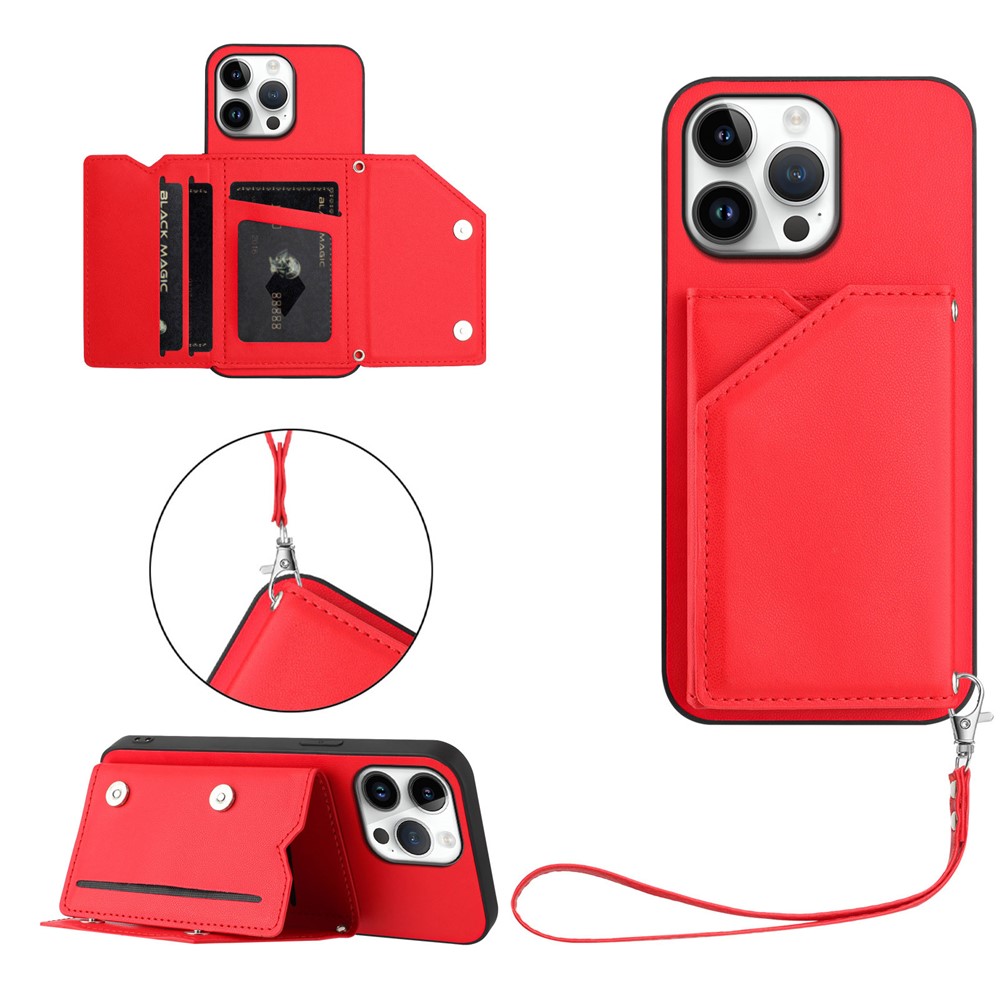 For iPhone 16 Pro Max Case Card Holder Kickstand Skin-Touch Phone Cover with Wrist Strap - Red