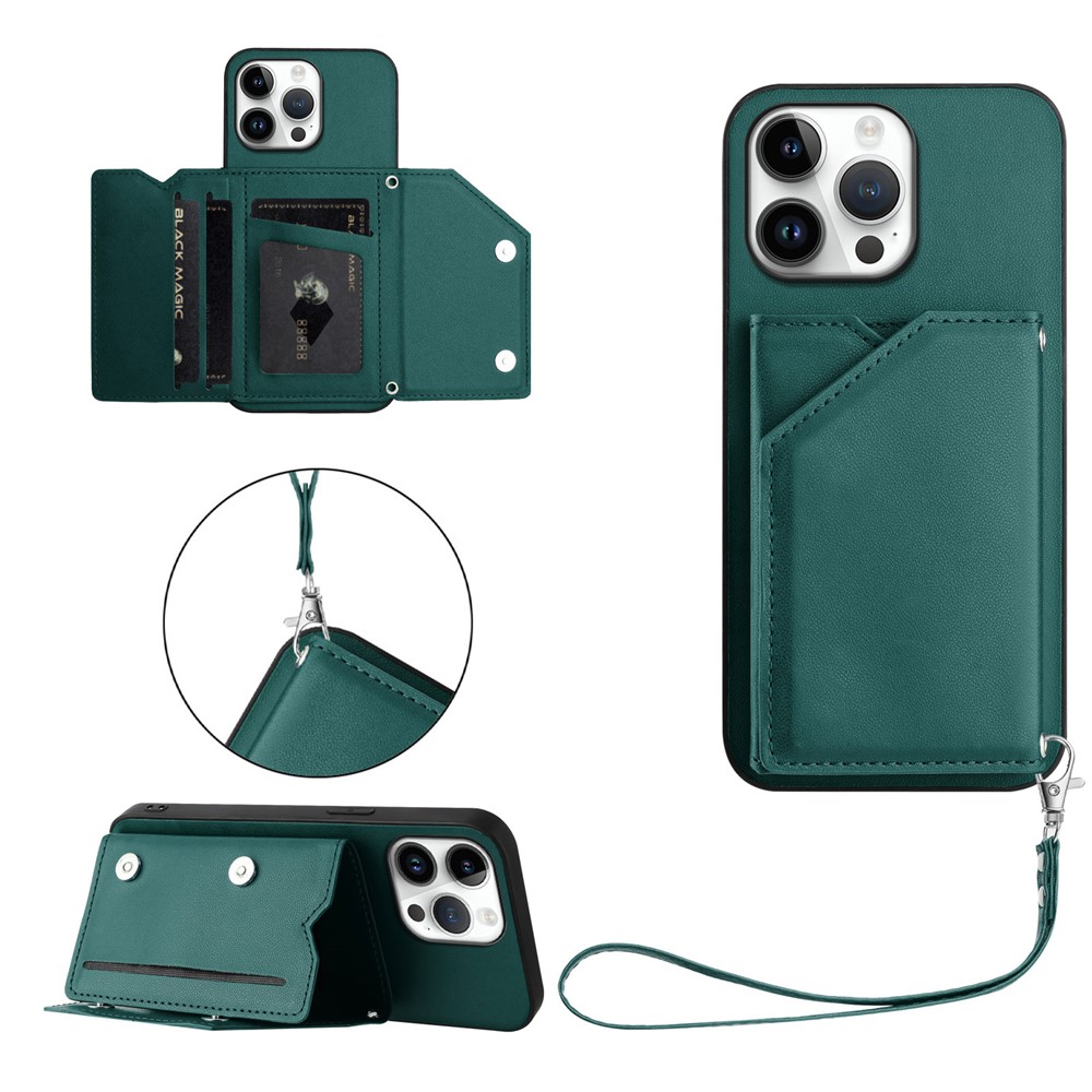 For iPhone 16 Pro Max Case Card Holder Kickstand Skin-Touch Phone Cover with Wrist Strap - Green