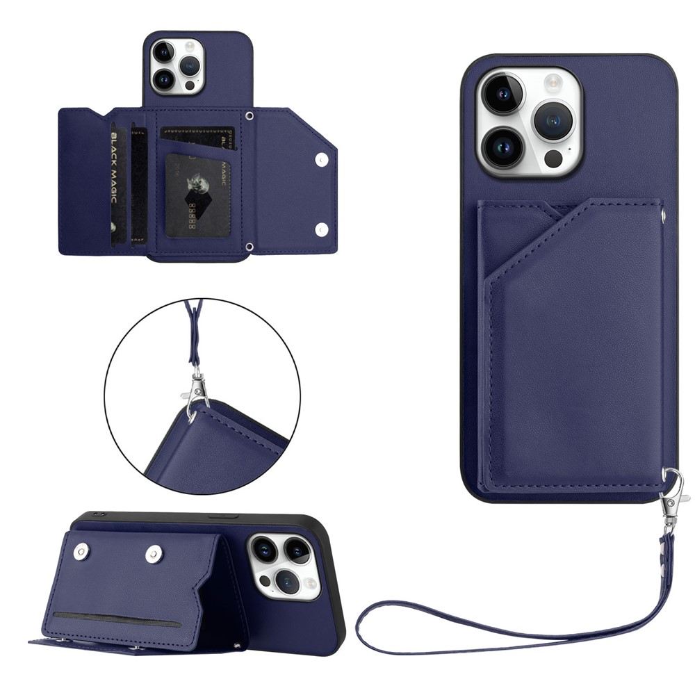 For iPhone 16 Pro Max Case Card Holder Kickstand Skin-Touch Phone Cover with Wrist Strap - Blue