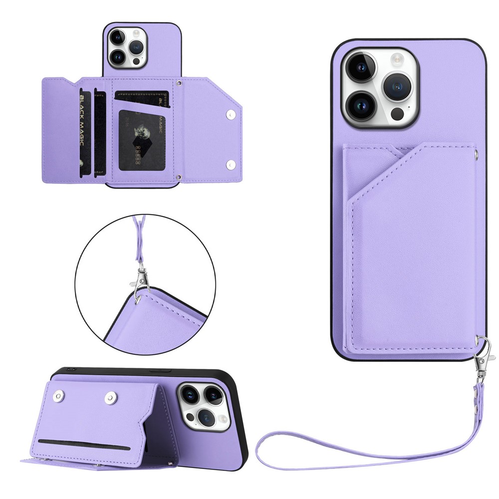 For iPhone 16 Pro Max Case Card Holder Kickstand Skin-Touch Phone Cover with Wrist Strap - Light Purple