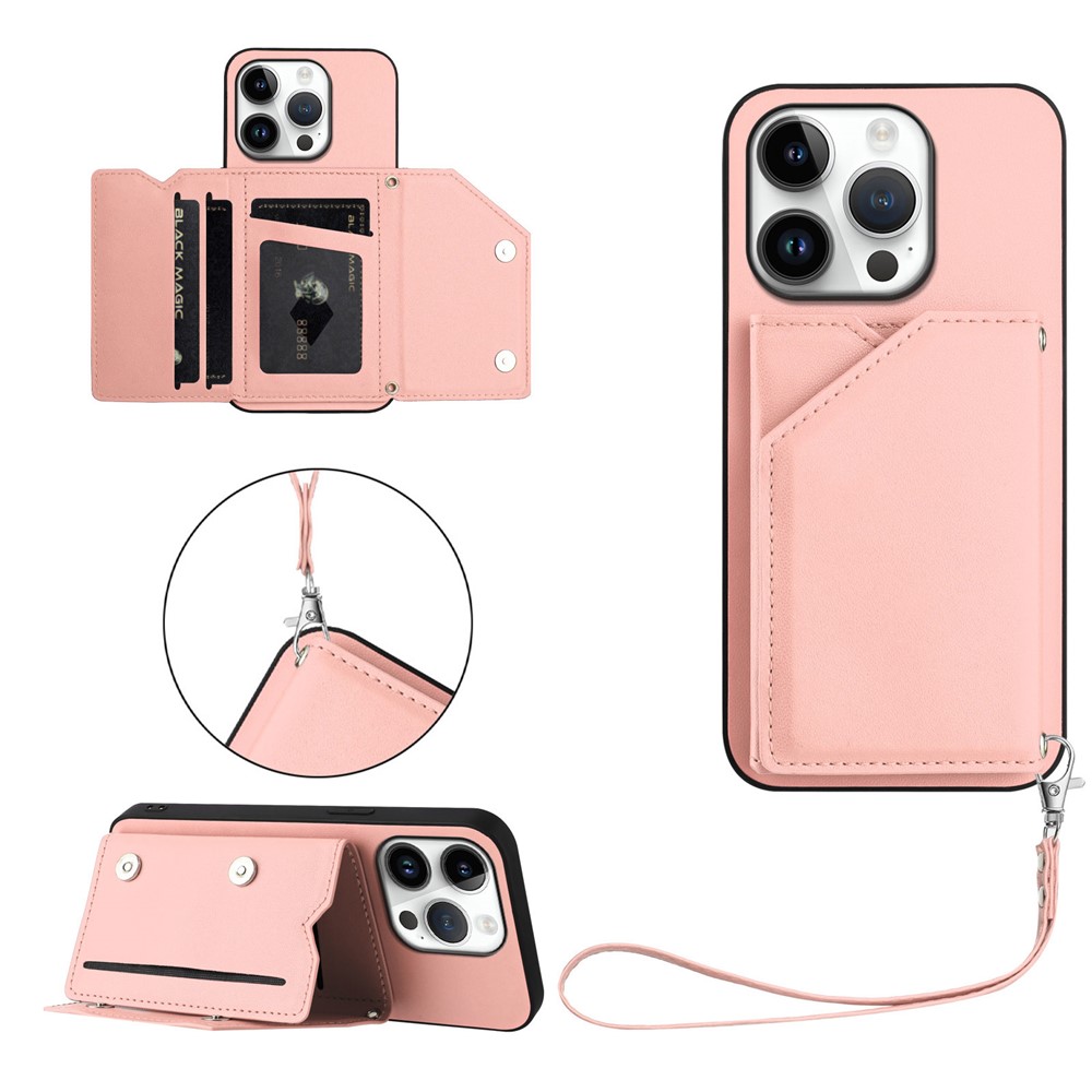 For iPhone 16 Pro Case Card Holder Kickstand Skin-Touch Phone Cover with Wrist Strap - Pink