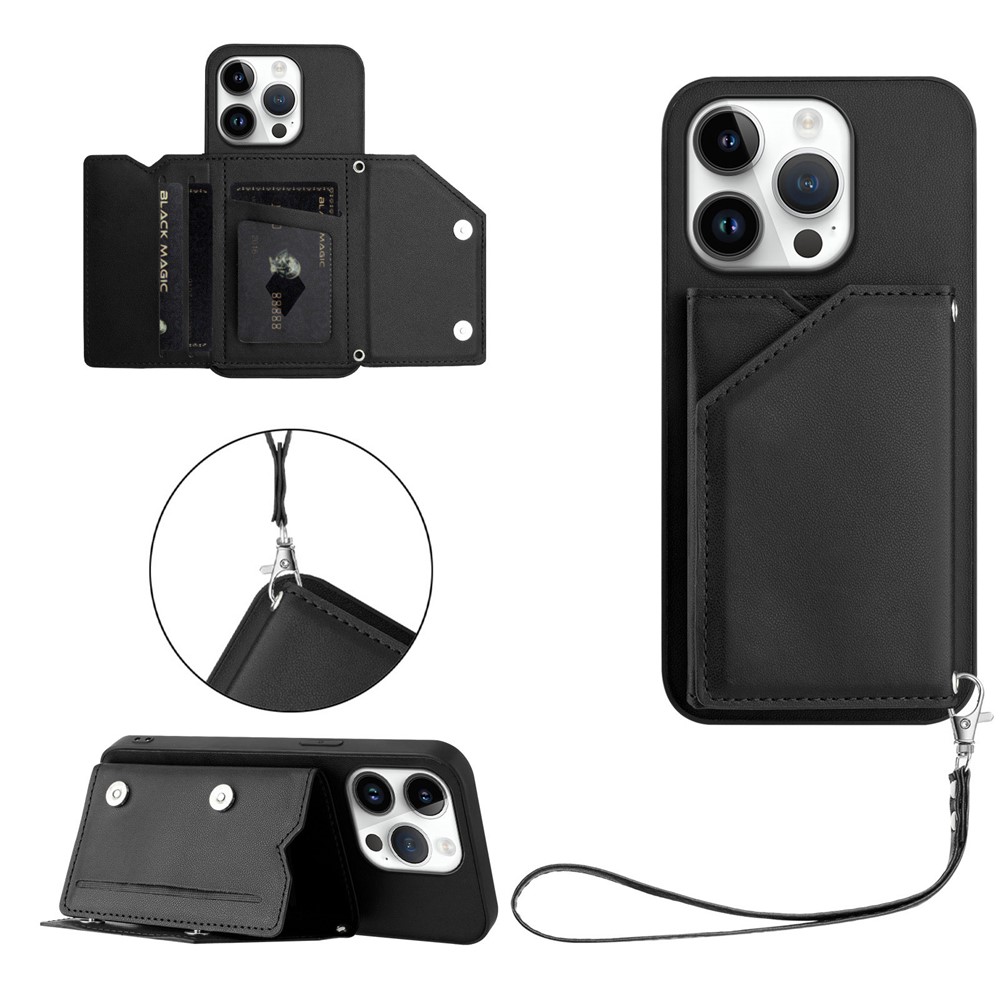 For iPhone 16 Pro Case Card Holder Kickstand Skin-Touch Phone Cover with Wrist Strap - Black