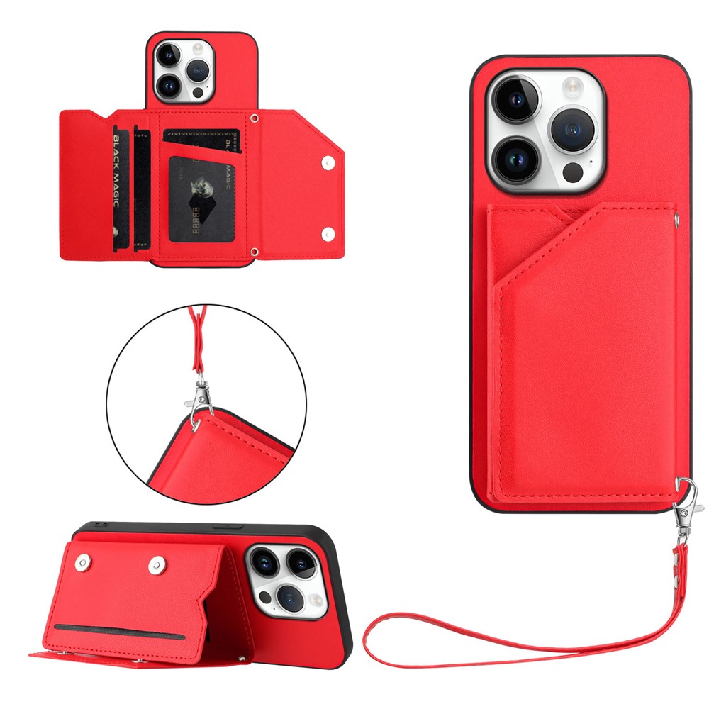 For iPhone 16 Pro Case Card Holder Kickstand Skin-Touch Phone Cover with Wrist Strap - Red