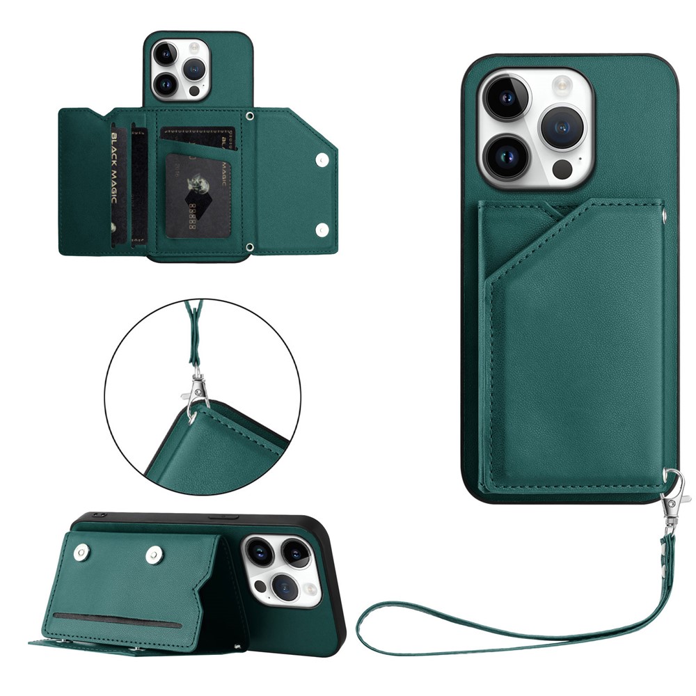 For iPhone 16 Pro Case Card Holder Kickstand Skin-Touch Phone Cover with Wrist Strap - Green