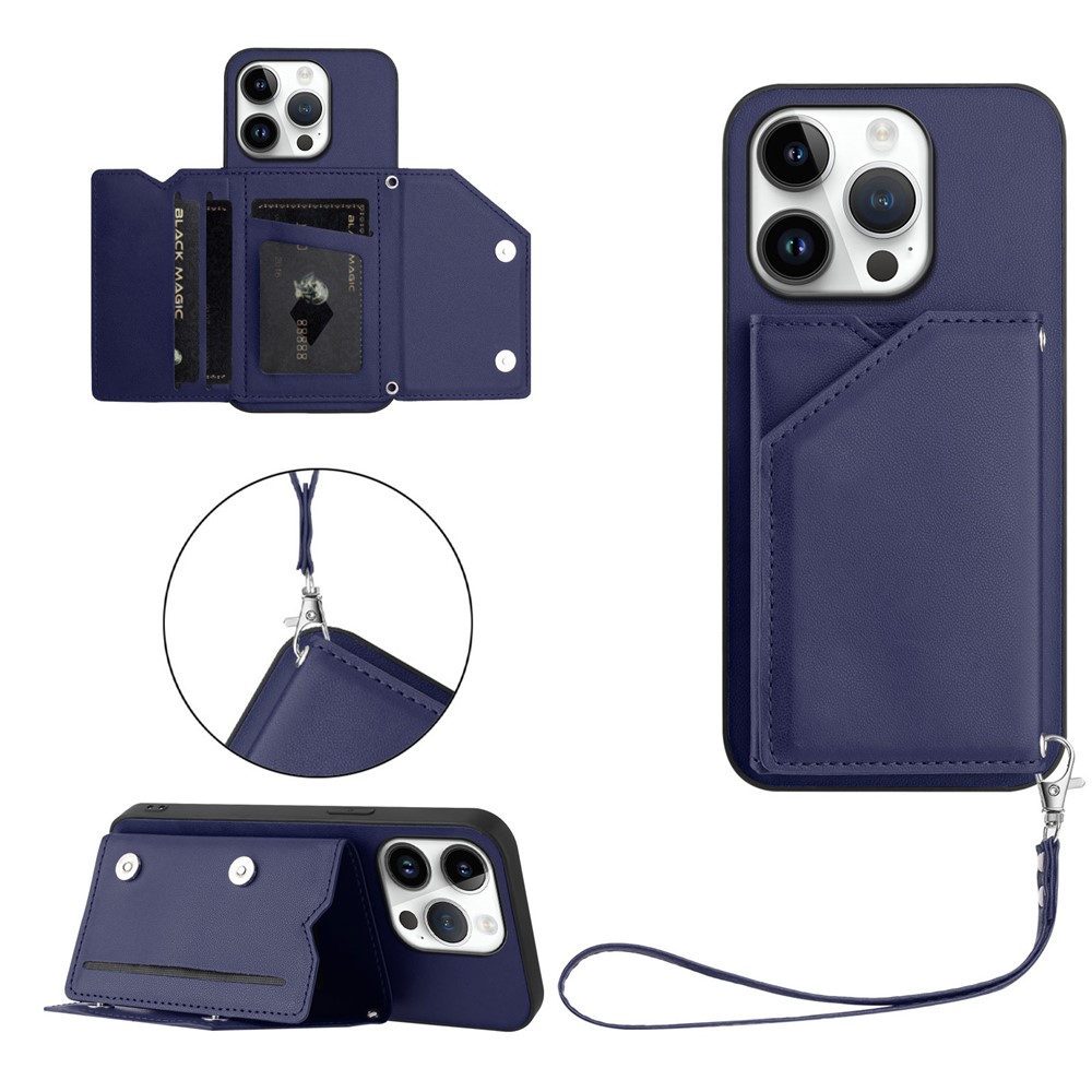 For iPhone 16 Pro Case Card Holder Kickstand Skin-Touch Phone Cover with Wrist Strap - Blue
