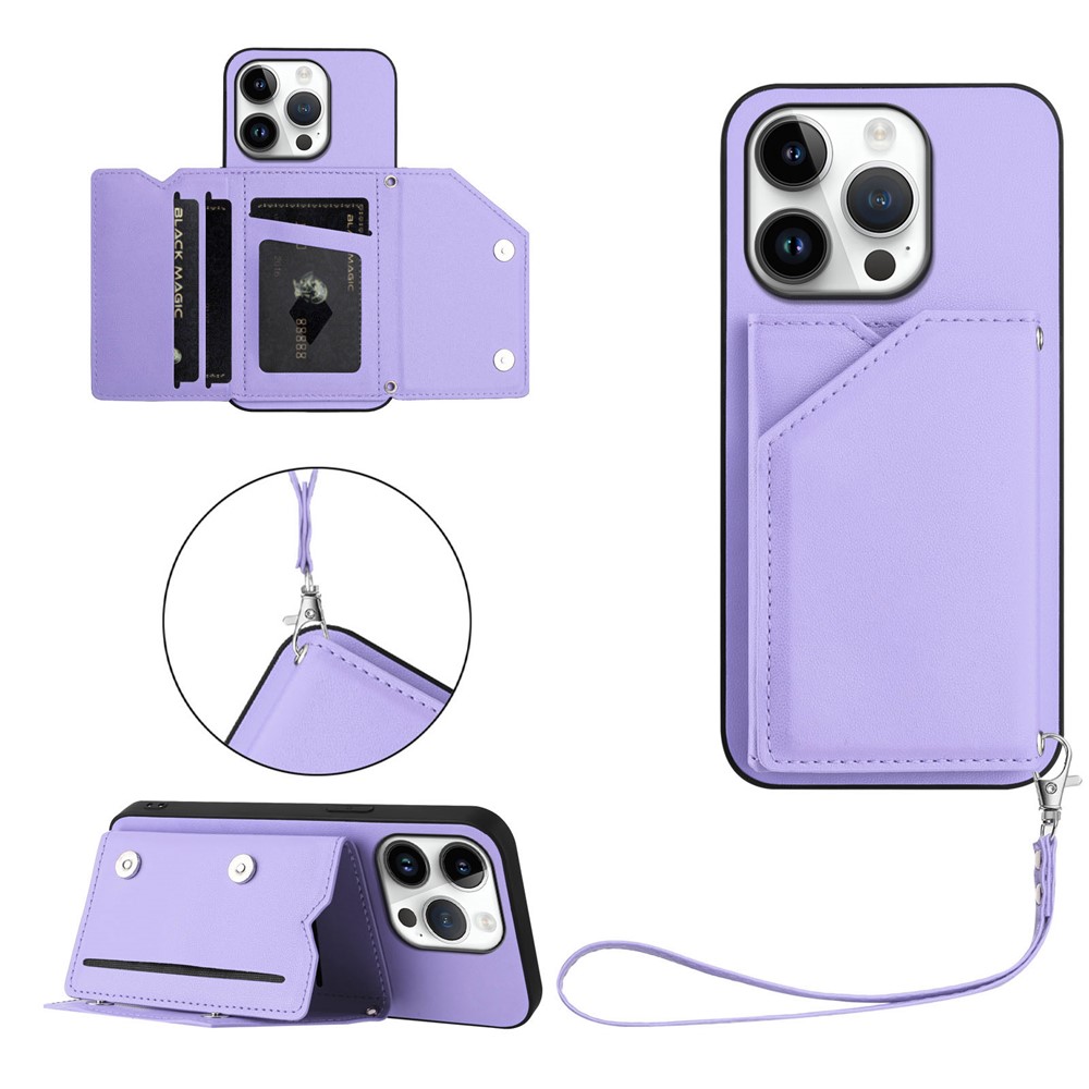 For iPhone 16 Pro Case Card Holder Kickstand Skin-Touch Phone Cover with Wrist Strap - Light Purple