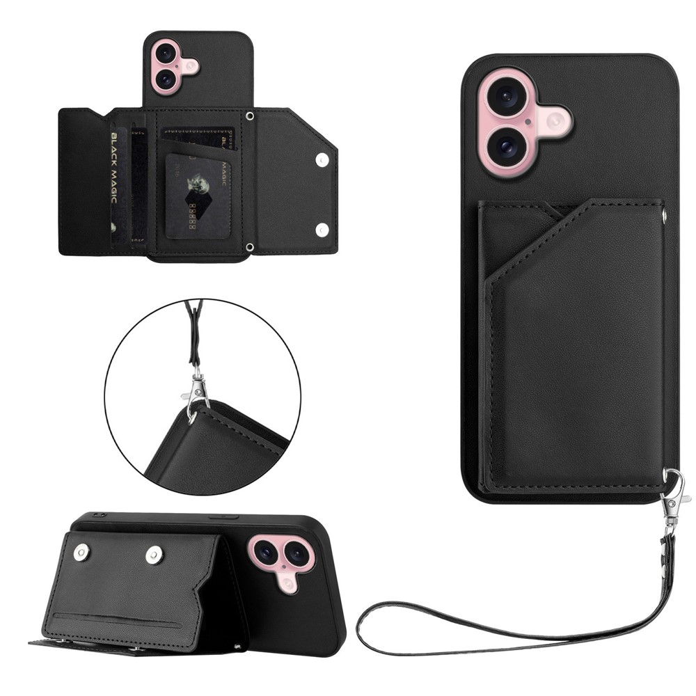 For iPhone 16 Case Card Holder Kickstand Skin-Touch Phone Cover with Wrist Strap - Black