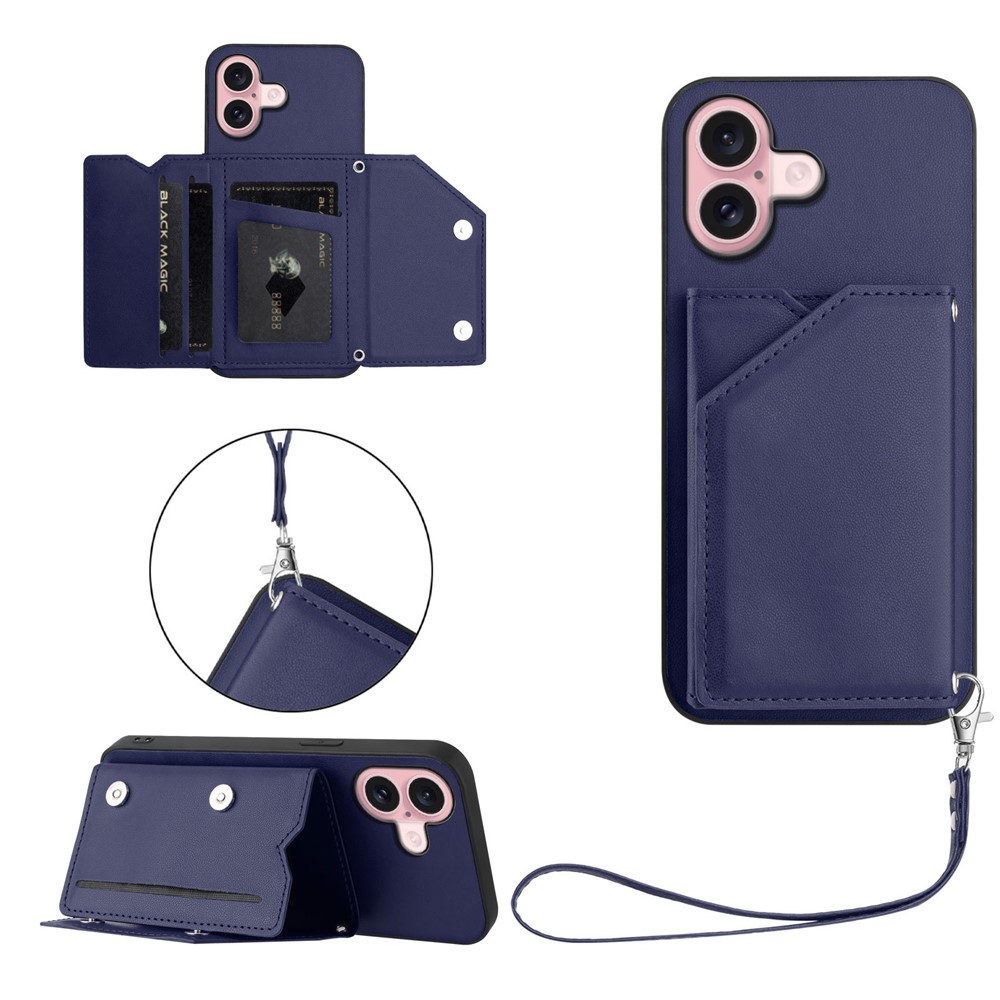 For iPhone 16 Case Card Holder Kickstand Skin-Touch Phone Cover with Wrist Strap - Blue