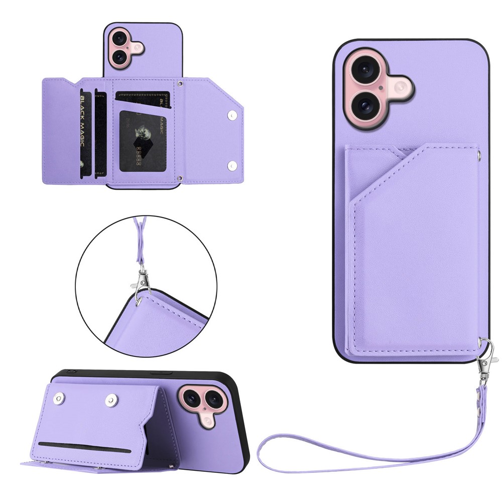 For iPhone 16 Case Card Holder Kickstand Skin-Touch Phone Cover with Wrist Strap - Light Purple