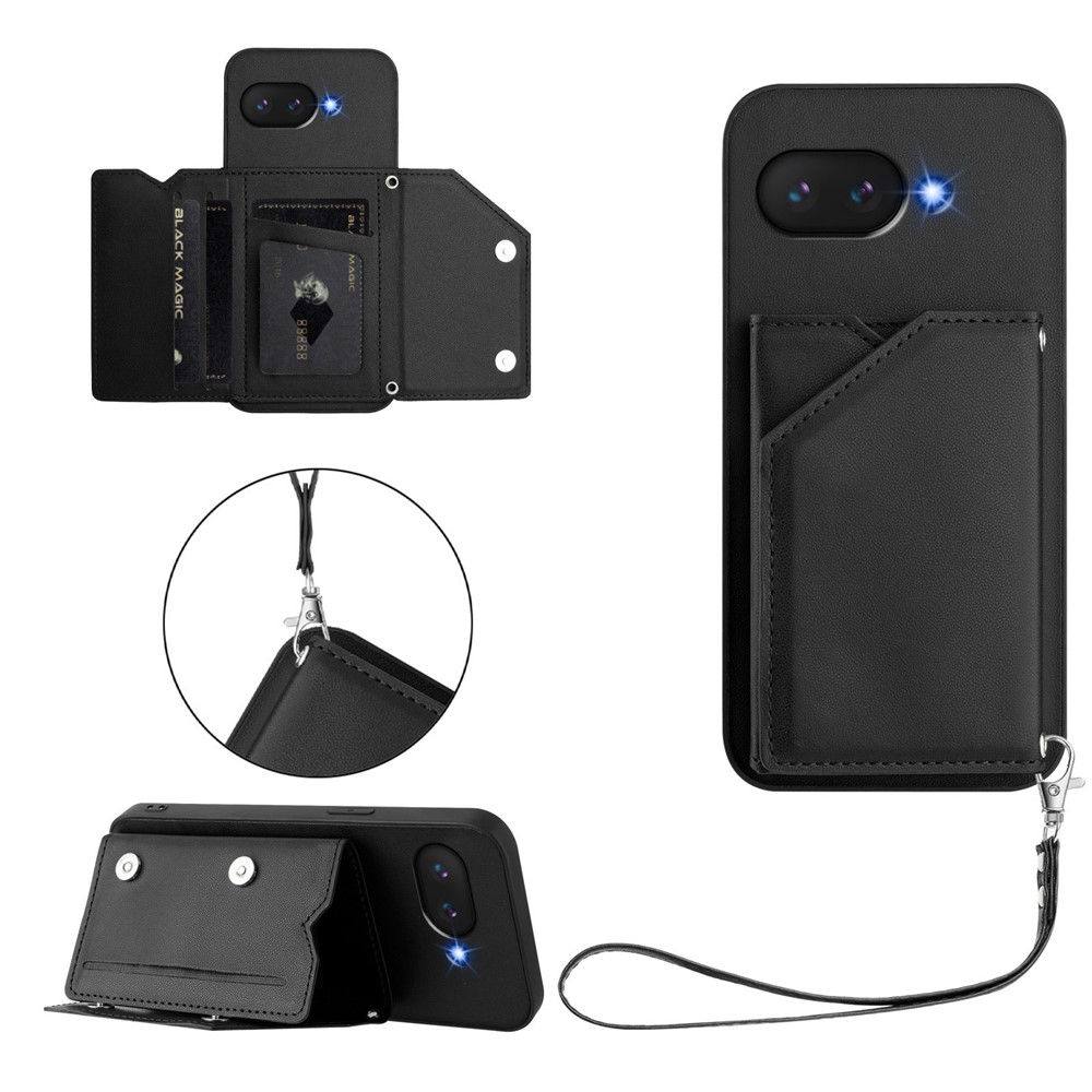 For Google Pixel 9a Case Card Holder Kickstand Skin-Touch Phone Cover with Wrist Strap - Black