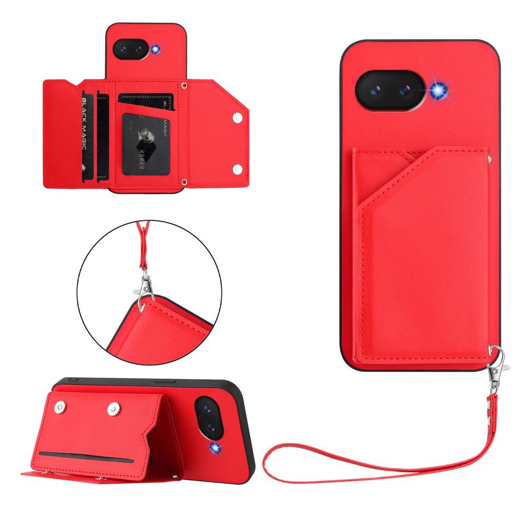 For Google Pixel 9a Case Card Holder Kickstand Skin-Touch Phone Cover with Wrist Strap - Red