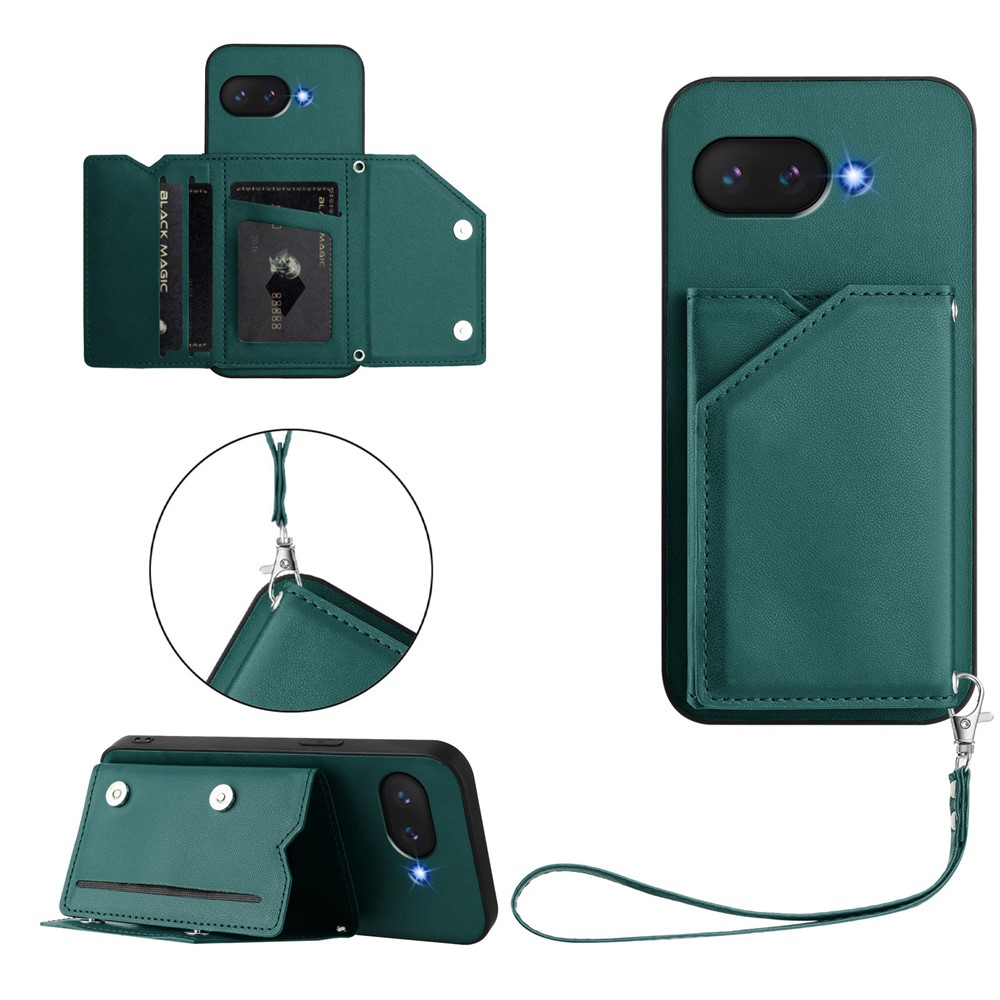 For Google Pixel 9a Case Card Holder Kickstand Skin-Touch Phone Cover with Wrist Strap - Green