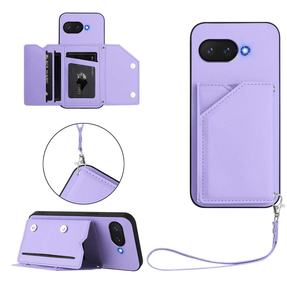 For Google Pixel 9a Case Card Holder Kickstand Skin-Touch Phone Cover with Wrist Strap - Light Purple