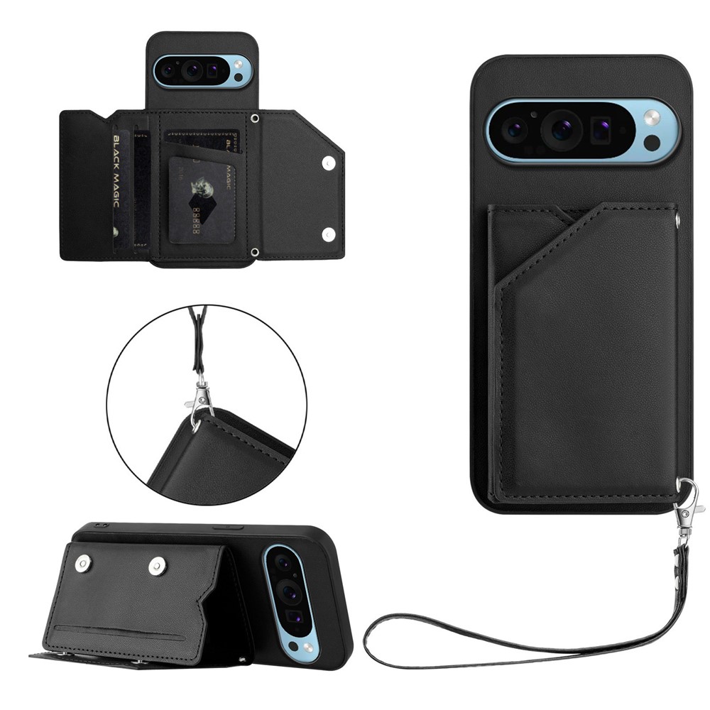 For Google Pixel 9 Case Card Holder Kickstand Skin-Touch Phone Cover with Wrist Strap - Black