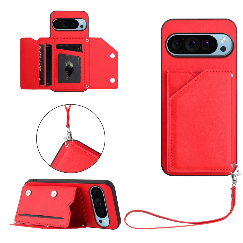 For Google Pixel 9 Case Card Holder Kickstand Skin-Touch Phone Cover with Wrist Strap - Red