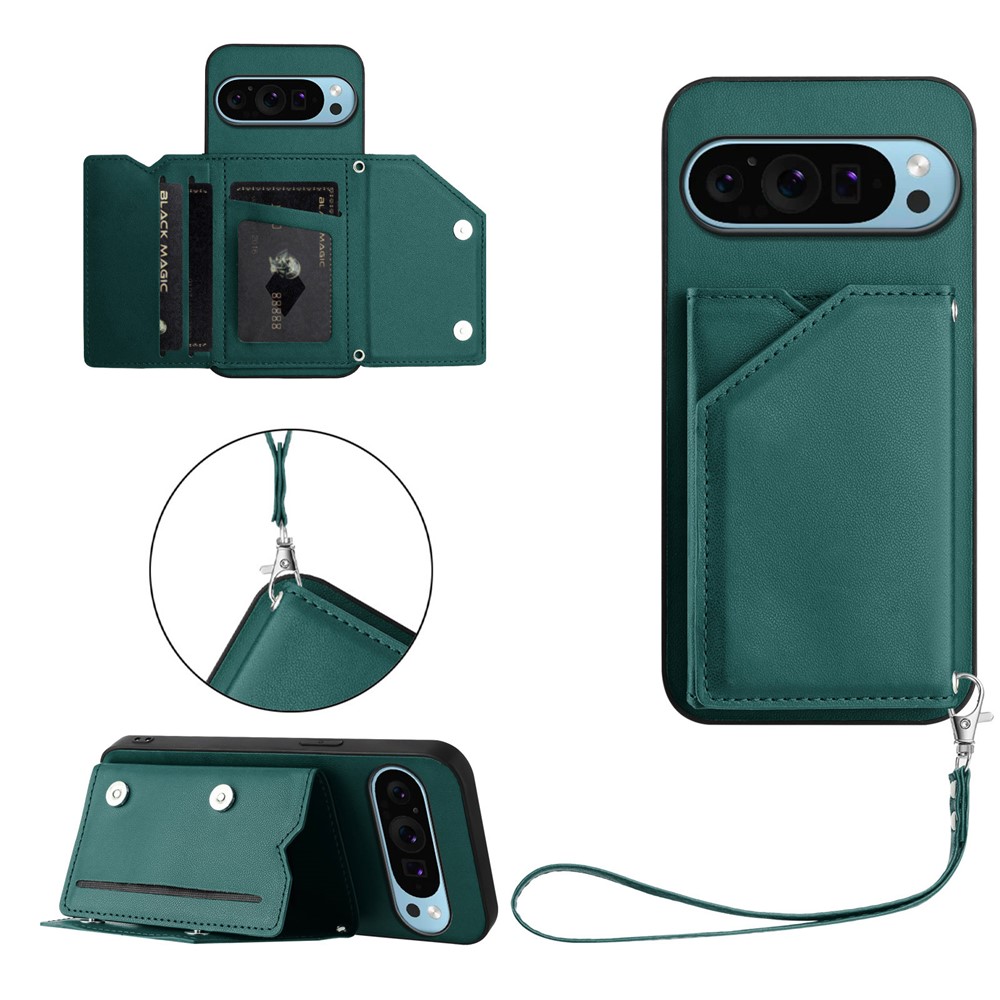 For Google Pixel 9 Case Card Holder Kickstand Skin-Touch Phone Cover with Wrist Strap - Green