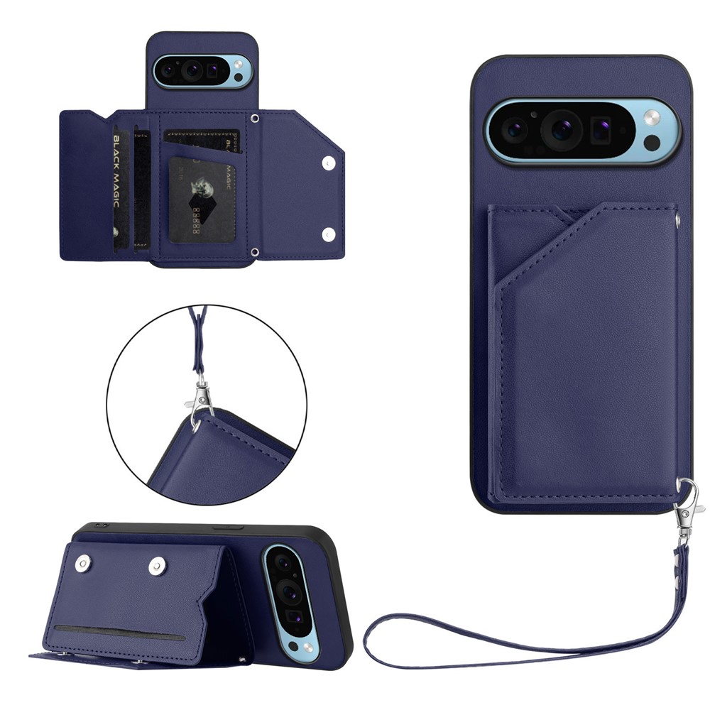 For Google Pixel 9 Case Card Holder Kickstand Skin-Touch Phone Cover with Wrist Strap - Blue