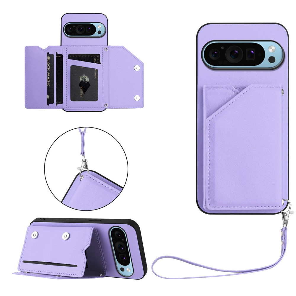 For Google Pixel 9 Case Card Holder Kickstand Skin-Touch Phone Cover with Wrist Strap - Light Purple