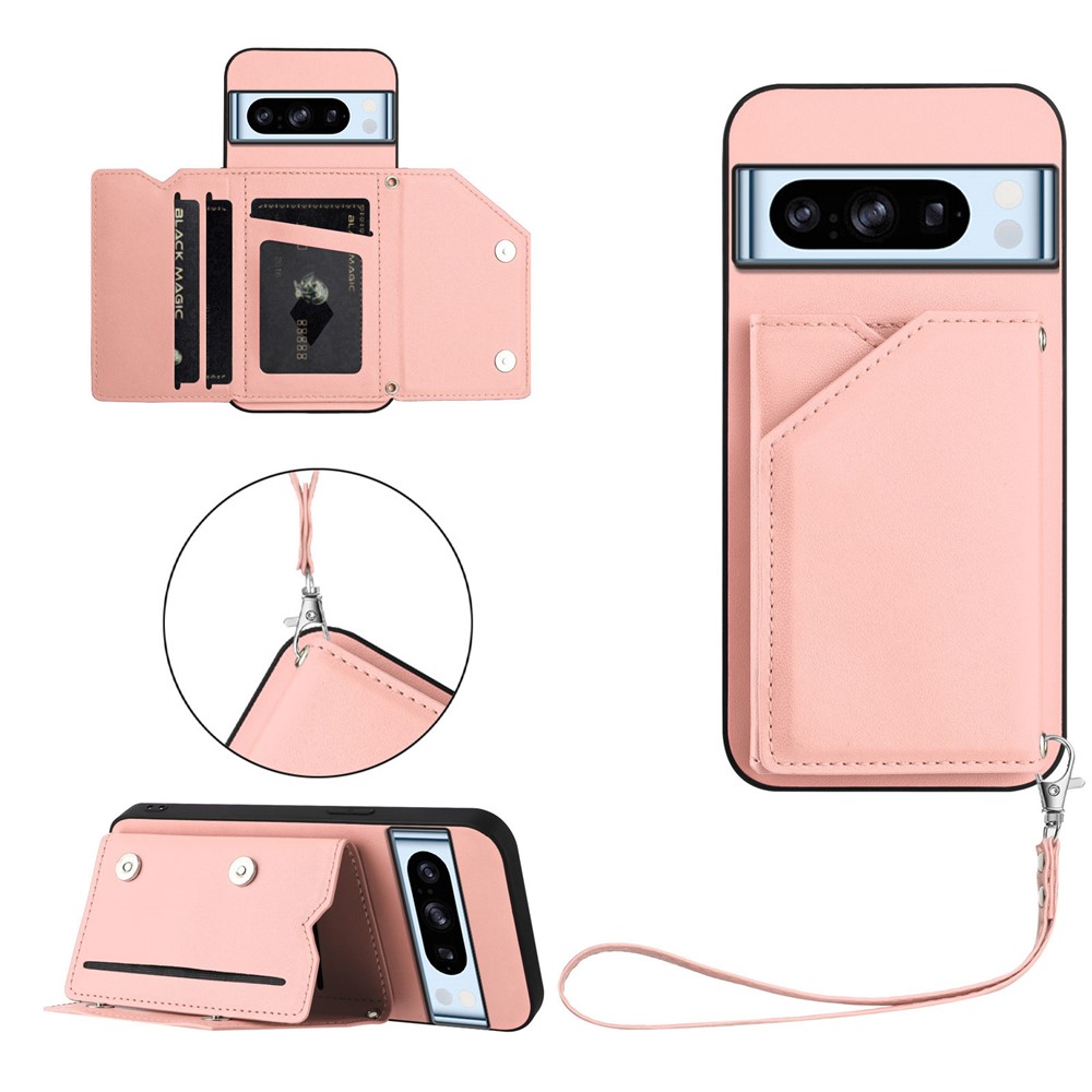 For Google Pixel 8 Pro Case Card Holder Kickstand Skin-Touch Phone Cover with Wrist Strap - Pink