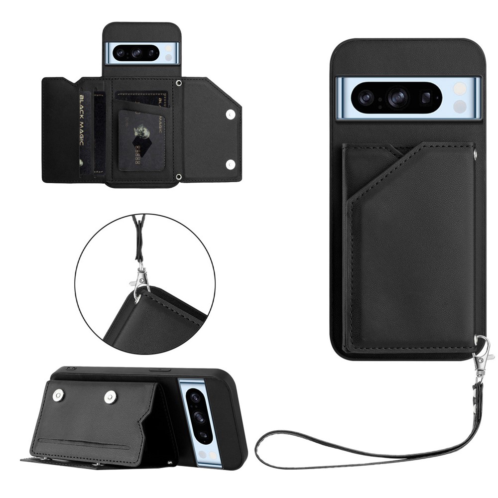For Google Pixel 8 Pro Case Card Holder Kickstand Skin-Touch Phone Cover with Wrist Strap - Black