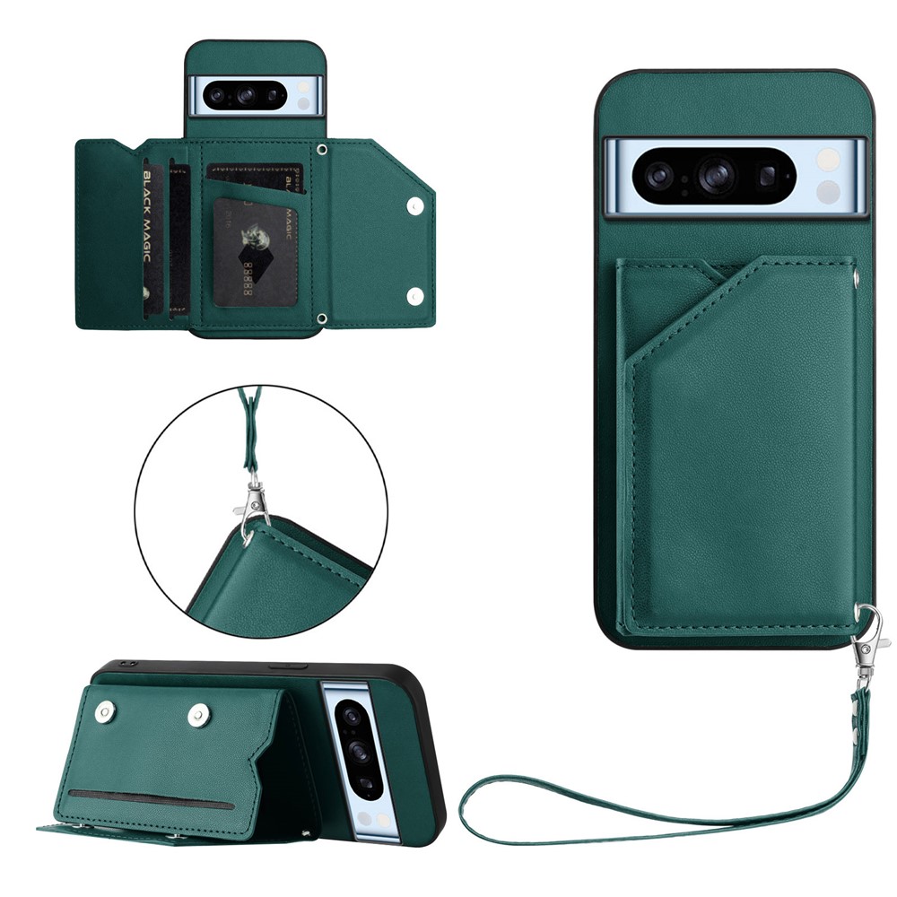 For Google Pixel 8 Pro Case Card Holder Kickstand Skin-Touch Phone Cover with Wrist Strap - Green