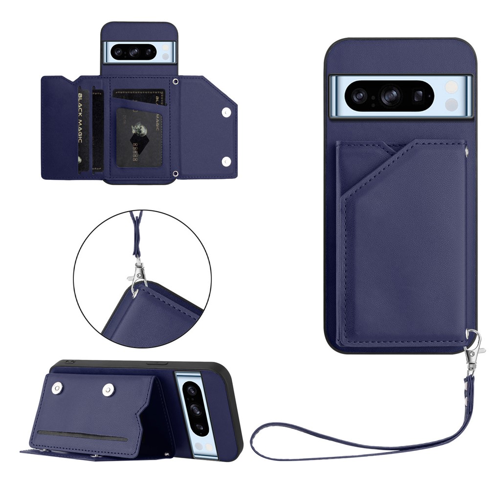 For Google Pixel 8 Pro Case Card Holder Kickstand Skin-Touch Phone Cover with Wrist Strap - Blue