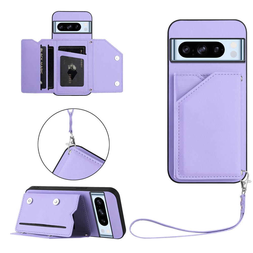 For Google Pixel 8 Pro Case Card Holder Kickstand Skin-Touch Phone Cover with Wrist Strap - Light Purple
