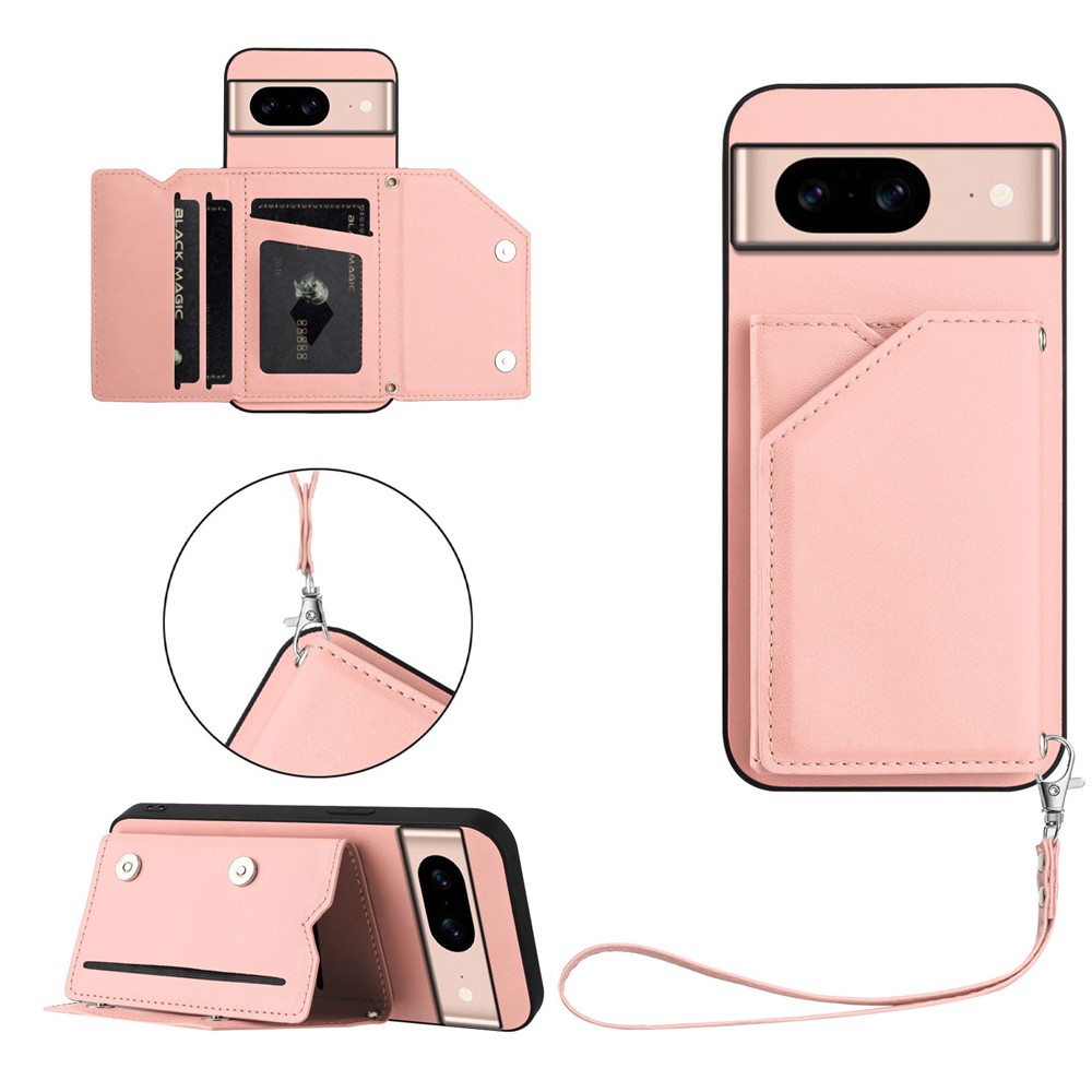 For Google Pixel 8a Case Card Holder Kickstand Skin-Touch Phone Cover with Wrist Strap - Pink