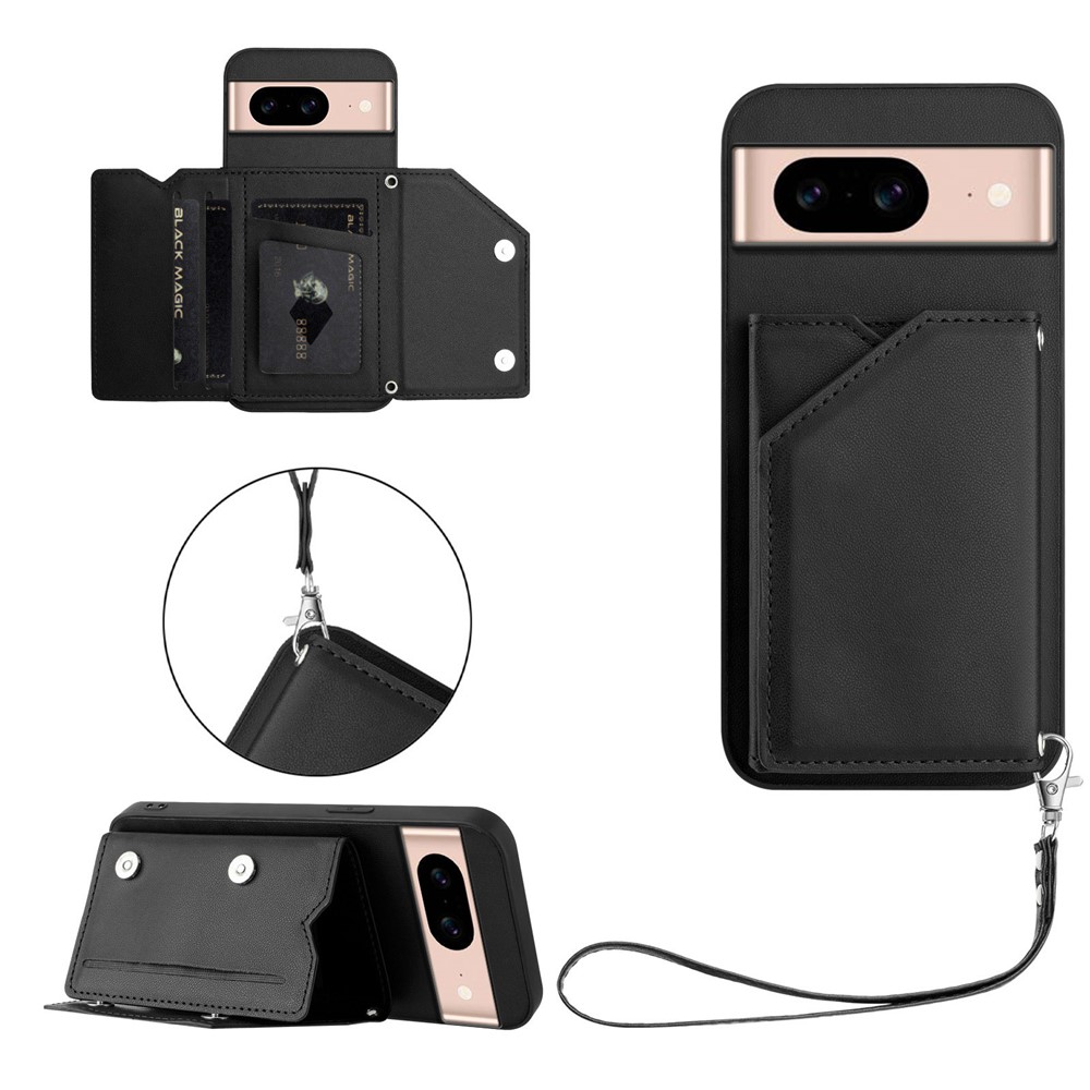 For Google Pixel 8a Case Card Holder Kickstand Skin-Touch Phone Cover with Wrist Strap - Black