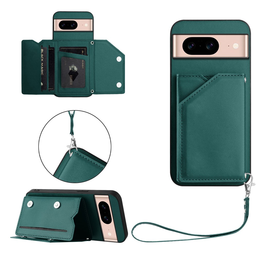 For Google Pixel 8a Case Card Holder Kickstand Skin-Touch Phone Cover with Wrist Strap - Green