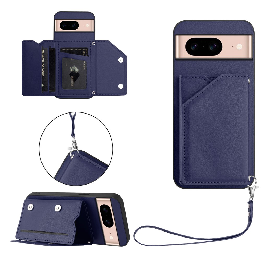 For Google Pixel 8a Case Card Holder Kickstand Skin-Touch Phone Cover with Wrist Strap - Blue