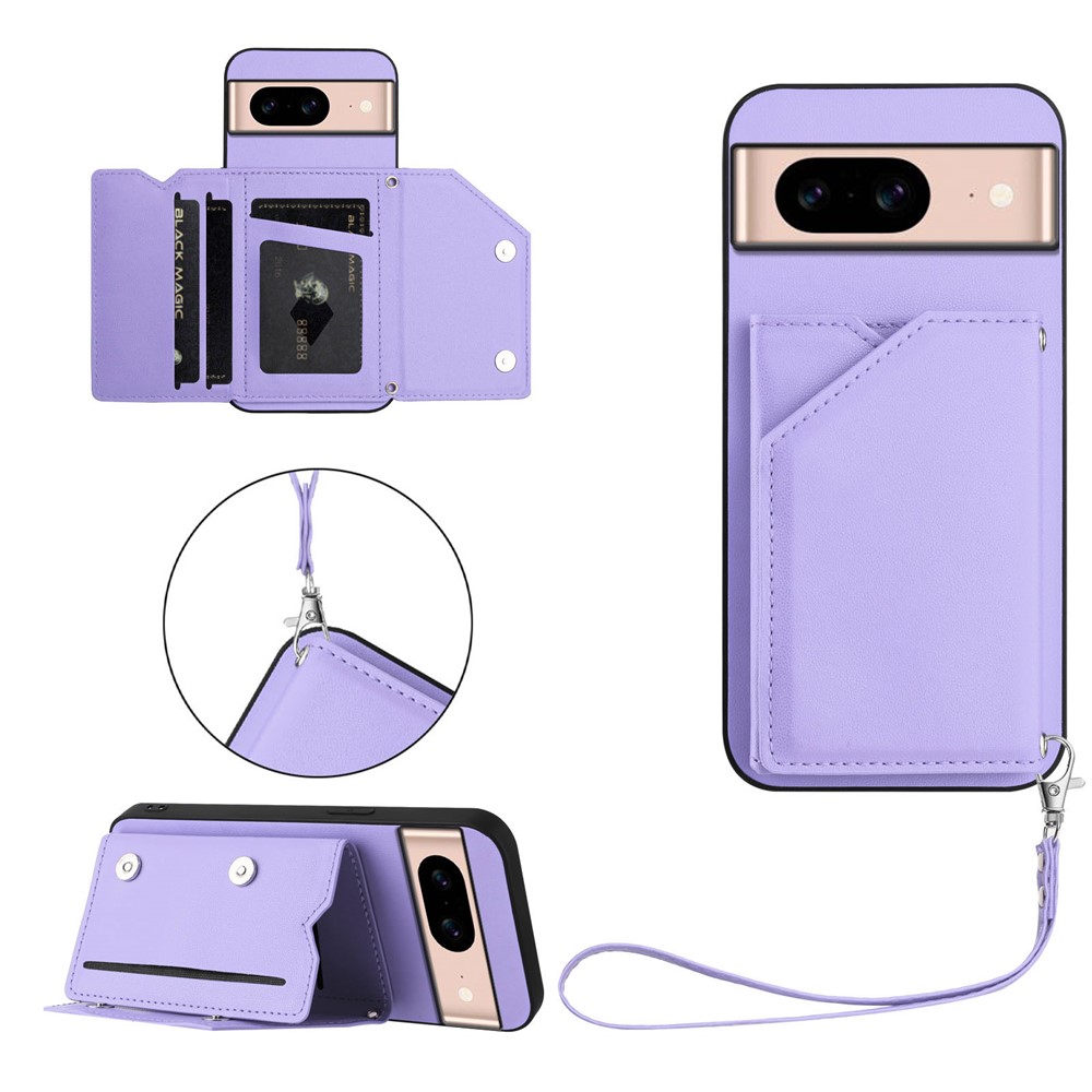 For Google Pixel 8a Case Card Holder Kickstand Skin-Touch Phone Cover with Wrist Strap - Light Purple